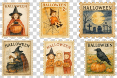 Halloween Vintage Stamps | Ghost Witch Wizard Retro Cat PNG Product Image 4