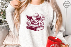Octopus Reading Books, Book Lover Octopus With Coffee SVG Product Image 4