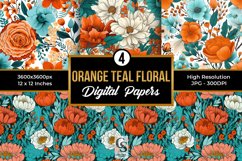 Orange &amp; Teal Flowers Digital Paper Patterns Product Image 1