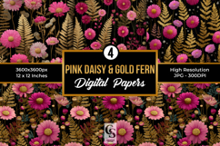 Pink Daisy and Gold Ferns Digital Paper Product Image 1