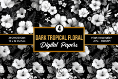 Black and White Tropical Flowers Digital Paper Product Image 1