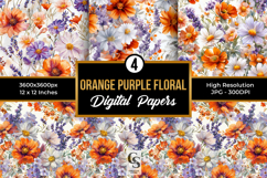 Purple Orange Watercolor Floral Bouquet Seamless Patterns Product Image 1