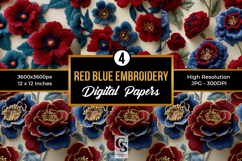 Red Blue Floral Embroidery Seamless Patterns Product Image 1