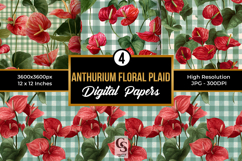 Red Anthurium Flowers Plaid Digital Paper Product Image 1