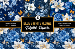 Blue and White Flowers Digital Papers Product Image 1
