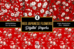 Cute Red Japanese Flowers Digital Papers Product Image 1