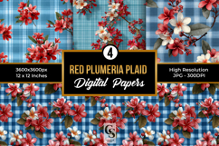 Red Plumeria and Blue Plaid Pattern Product Image 1