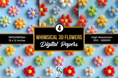 Whimsical 3D Flowers Digital Paper Pattern Product Image 1