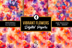 Loose Painted Vibrant Watercolor Floral Digital Papers Product Image 1