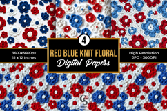 Red Blue &amp; White Patriotic Crochet Flowers Digital Paper Product Image 1