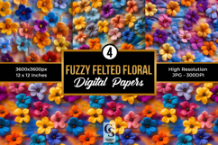 Colorful Fuzzy Felted Flowers Digital Paper Product Image 1