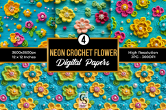Turquoise Neon Crochet Flowers Digital Paper Product Image 1