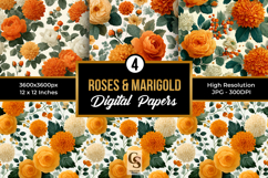 Orange Roses and Marigold Flowers Digital Paper Product Image 1