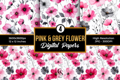 Pink Grey Watercolor Flowers Seamless Patterns Product Image 1