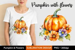 Pumpkin with Flowers Sublimation PNG, Watercolor Pumpkin PNG Product Image 1
