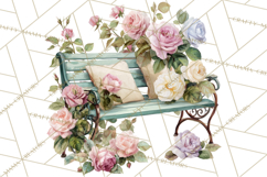 Romantic Garden Clipart, Watercolor Floral Benches Png Product Image 2