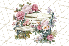 Romantic Garden Clipart, Watercolor Floral Benches Png Product Image 5