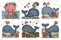 Patriotic Ocean Animals Clipart, Whimsical Red White Blue Product Image 4