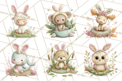 Watercolor Easter Animals Clipart, Cute Animals in Nests Png Product Image 3
