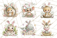 Watercolor Easter Animals Clipart, Cute Animals in Nests Png Product Image 7