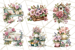 Romantic Garden Clipart, Watercolor Floral Benches Png Product Image 2