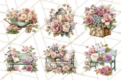 Romantic Garden Clipart, Watercolor Floral Benches Png Product Image 5