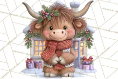 Highland Cow Christmas Village Clipart, Christmas Cow PNG Product Image 4