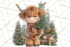 Highland Cow Christmas Village Clipart, Christmas Cow PNG Product Image 5