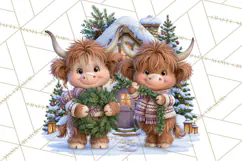 Highland Cow Christmas Village Clipart, Christmas Cow PNG Product Image 3