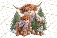 Highland Cow Christmas Village Clipart, Christmas Cow PNG Product Image 2
