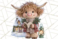 Highland Cow Christmas Village Clipart, Christmas Cow PNG Product Image 2