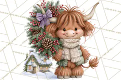 Highland Cow Christmas Village Clipart, Christmas Cow PNG Product Image 5