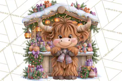 Highland Cow Christmas Village Clipart, Christmas Cow PNG Product Image 4
