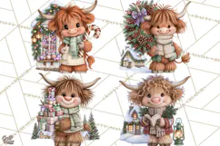 Highland Cow Christmas Village Clipart, Christmas Cow PNG Product Image 1