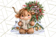 Highland Cow Christmas Village Clipart, Christmas Cow PNG Product Image 2