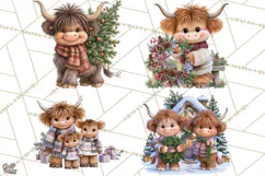 Highland Cow Christmas Village Clipart, Christmas Cow PNG Product Image 1