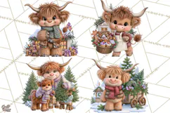 Highland Cow Christmas Village Clipart, Christmas Cow PNG Product Image 1