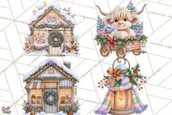 Highland Cow Christmas Village Clipart, Christmas Cow PNG Product Image 1