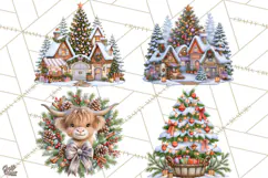 Highland Cow Christmas Village Clipart, Christmas Cow PNG Product Image 1