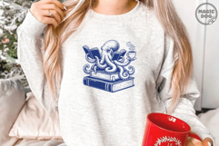 Octopus Reading Books, Book Lover Octopus With Coffee SVG Product Image 5