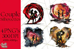 Romantic Couple Silhouettes, Rose Cutout PNG, Surreal Love Product Image 1