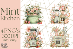Mint Cottagecore Kitchen Clipart, Vintage Country Floral Png Product Image 1
