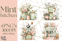 Mint Cottagecore Kitchen Clipart, Vintage Country Floral Png Product Image 1