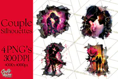 Romantic Couple Silhouettes, Rose Cutout PNG, Surreal Love Product Image 1
