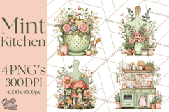 Mint Cottagecore Kitchen Clipart, Vintage Country Floral Png Product Image 1