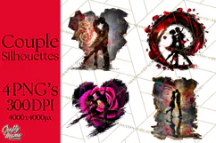 Romantic Couple Silhouettes, Rose Cutout PNG, Surreal Love Product Image 1