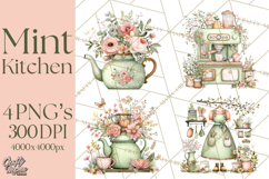 Mint Cottagecore Kitchen Clipart, Vintage Country Floral Png Product Image 1
