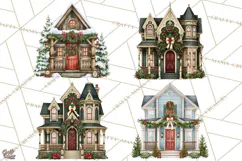 Vintage Christmas Homes Clipart, Christmas House PNG Product Image 1