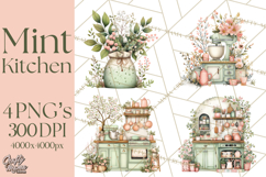 Mint Cottagecore Kitchen Clipart, Vintage Country Floral Png Product Image 1