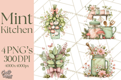 Mint Cottagecore Kitchen Clipart, Vintage Country Floral Png Product Image 1